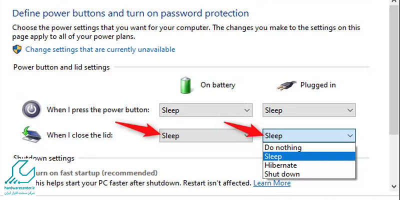 تنظیمات بستن درب لپ تاپ در ویندوز 10